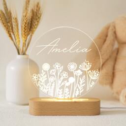 Personalized Acrylic Night Light, Boho Botanic Led Kids Bedroom Decor, Custom Name, Flower Nursery Baby Shower Gift - thumbnail 1