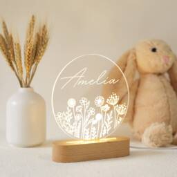 Personalized Acrylic Night Light, Boho Botanic Led Kids Bedroom Decor, Custom Name, Flower Nursery Baby Shower Gift - thumbnail 2