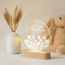 Personalized Acrylic Night Light, Boho Botanic Led Kids Bedroom Decor, Custom Name, Flower Nursery Baby Shower Gift - thumbnail 3