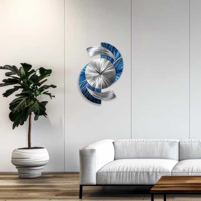 Luxury Unique Blue Metal Wall Clock - Modern Silver Art For Home & Office 18x24 - image 1