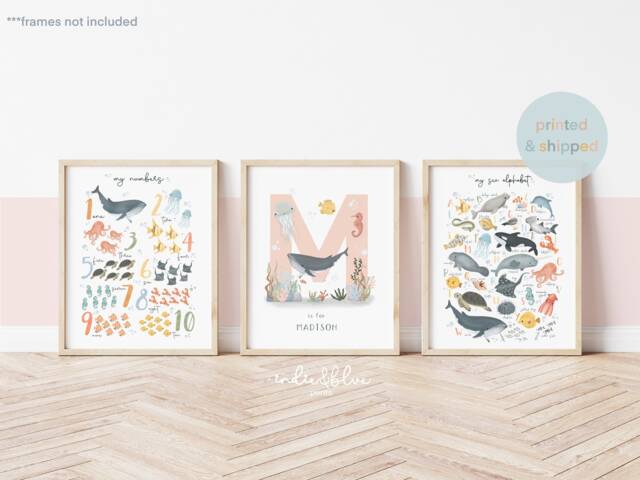 Personalised Sea Animals Print Set, Girl Nursery Alphabet & Numbers Chart Print, Under The Ocean Prints, Whale - image 1