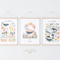Personalised Sea Animals Print Set, Girl Nursery Alphabet & Numbers Chart Print, Under The Ocean Prints, Whale - thumbnail 2