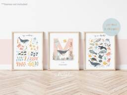 Personalised Sea Animals Print Set, Girl Nursery Alphabet & Numbers Chart Print, Under The Ocean Prints, Whale - thumbnail 1