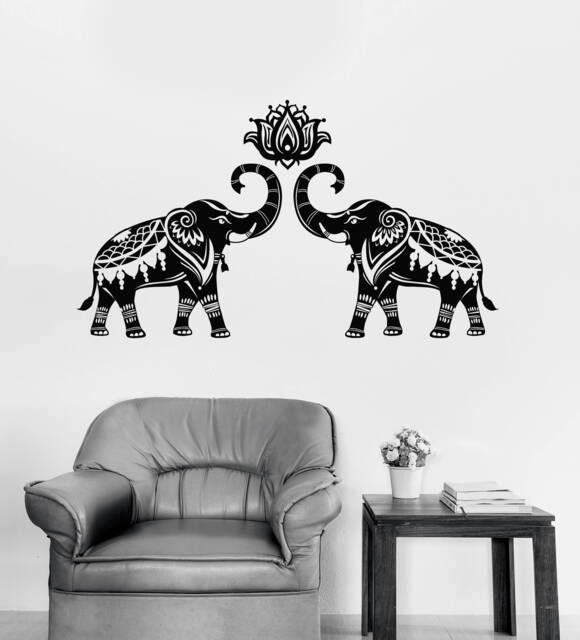Indian Elephants Vinyl Wall Decal Lotus Animals Hinduism Home Decor Stickers Mural - #2735Da - image 1