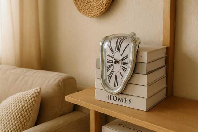 Melting Mirror Clock - Silver Roman Wall Clock, Surrealist Home Decor, Modern Bookshelf Accent - image 1
