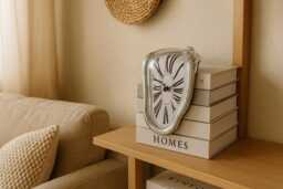Melting Mirror Clock - Silver Roman Wall Clock, Surrealist Home Decor, Modern Bookshelf Accent - thumbnail 1