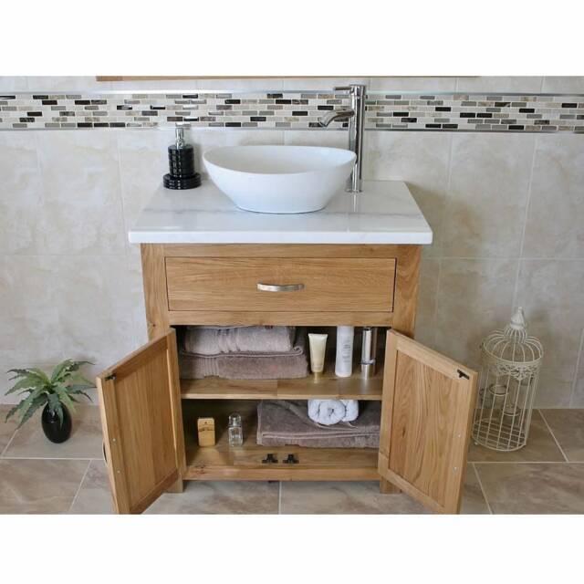 Bathroom Vanity Unit - Solid Oak With White Marble Top & Ceramic Basin Choice 502Wmcbc - image 1