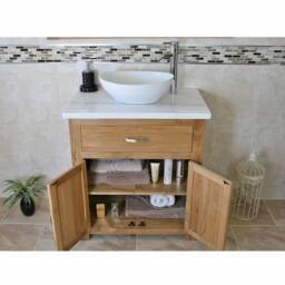 Bathroom Vanity Unit - Solid Oak With White Marble Top & Ceramic Basin Choice 502Wmcbc