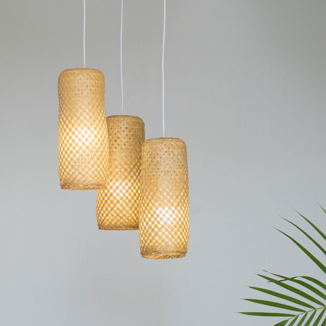 Triple Bamboo Pendant Light - Handwoven Thai Fishing Trap Baskets Cluster Lighting - image 1
