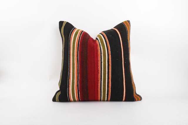 Handwoven Wool Kilim Pillow Cover, 20x20 Inch Boho Stripe Cushion - image 1