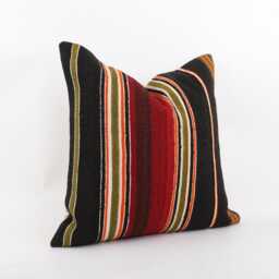 Handwoven Wool Kilim Pillow Cover, 20x20 Inch Boho Stripe Cushion - thumbnail 3