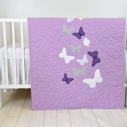 Butterfly Blanket, Purple White Gray Quilt Modern Baby Crib Blanket - thumbnail 3