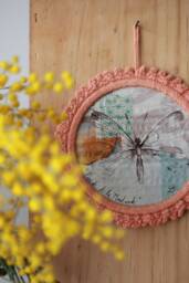 Butterfly Drawing Painting in Round Crochet Frame, Cabinet Of Curiosities, Unique Piece, Handmade, Pink, Diameter ~11.5cm. Made By Bee - thumbnail 1