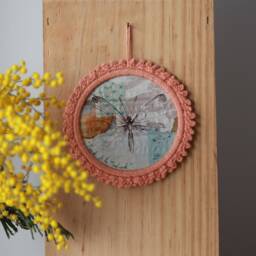 Butterfly Drawing Painting in Round Crochet Frame, Cabinet Of Curiosities, Unique Piece, Handmade, Pink, Diameter ~11.5cm. Made By Bee - thumbnail 3