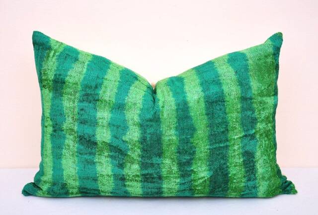 Green Silk Velvet Ikat Pillow Cover, Handloom Cushion - image 1