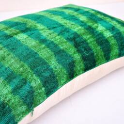 Green Silk Velvet Ikat Pillow Cover, Handloom Cushion - thumbnail 2