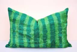Green Silk Velvet Ikat Pillow Cover, Handloom Cushion - thumbnail 1