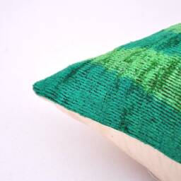 Green Silk Velvet Ikat Pillow Cover, Handloom Cushion - thumbnail 3