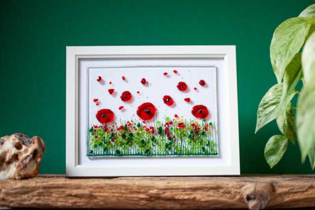 Fused Glass Meadow Art Handmade Poppies Field Picture - image 1