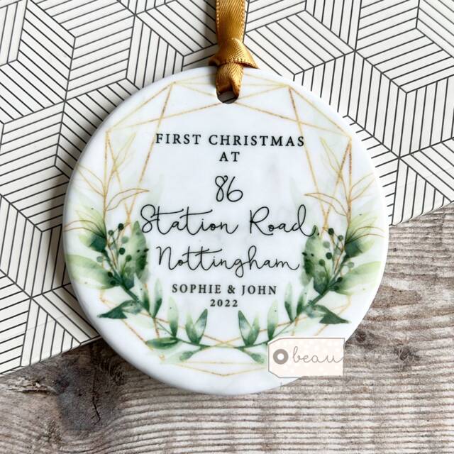 Personalised First Christmas Gift, Ornament 1st At Address New Home Greenery Ceramic Or Acrylic Bauble Ornament Keepsake