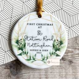Personalised First Christmas Gift, Ornament 1st At Address New Home Greenery Ceramic Or Acrylic Bauble Ornament Keepsake