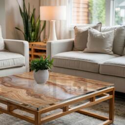 Natural Wood With Resin Glass Table Top, Beige Cover, Scratch-Resistant Layer, Modern Tabletop