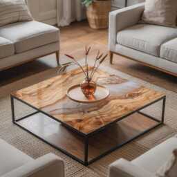Natural Wood With Resin Glass Table Top, Beige Cover, Scratch-Resistant Layer, Modern Tabletop - thumbnail 3