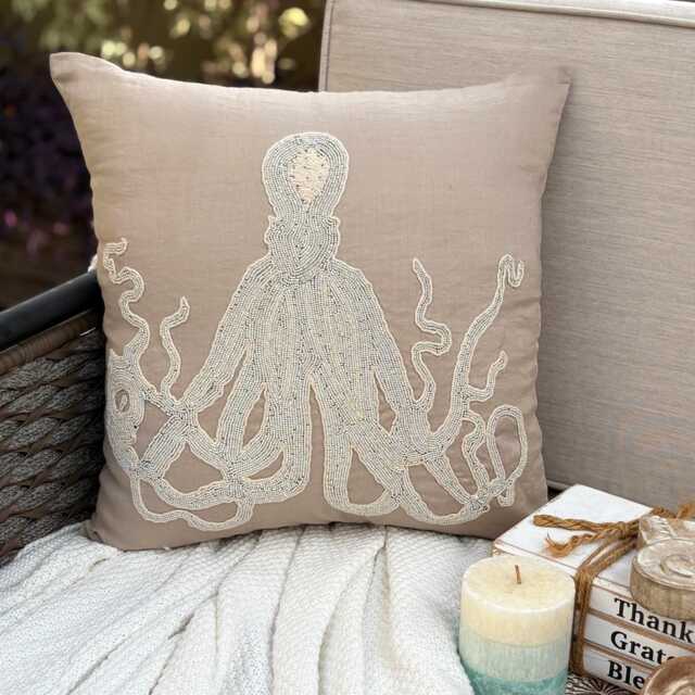 Mocha Beige Art Silk Beaded Lace Sea Creature Pattern, Beach Style Throw Pillow Cover - Squid - image 1