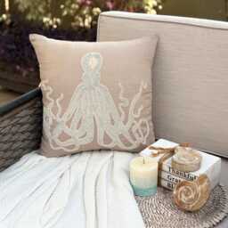 Mocha Beige Art Silk Beaded Lace Sea Creature Pattern, Beach Style Throw Pillow Cover - Squid - thumbnail 3