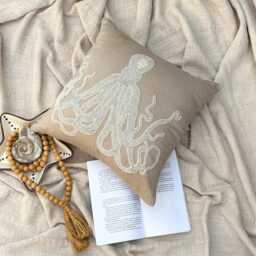 "Mocha Beige Art Silk Beaded Lace Sea Creature Pattern Throw Pillow Cover, 16""x16" - thumbnail 2