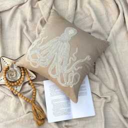 Mocha Beige Art Silk Beaded Lace Sea Creature Pattern, Beach Style Throw Pillow Cover - Squid - thumbnail 2