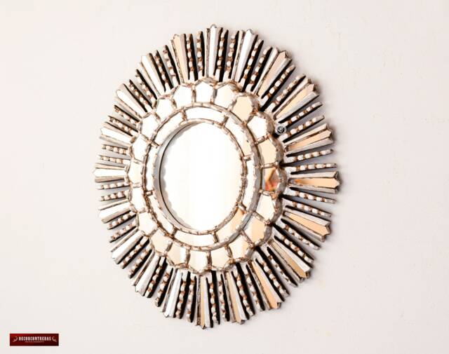 "Silver Sunburst Mirrors 17.7In, Accent Hand-Carved Round Mirror ""Silver Sun" - image 1