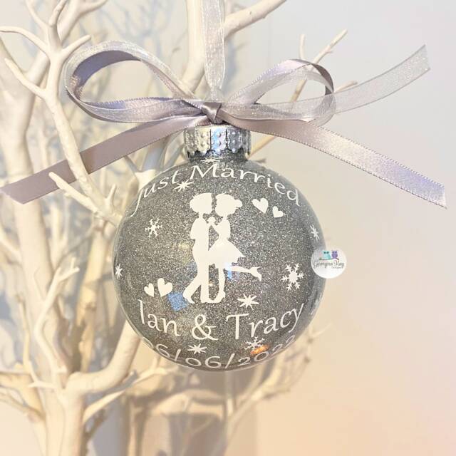 Just Married Christmas Bauble, Our First Ornament 2025, Newlywed Personalised Wedding Winter Gift - image 1