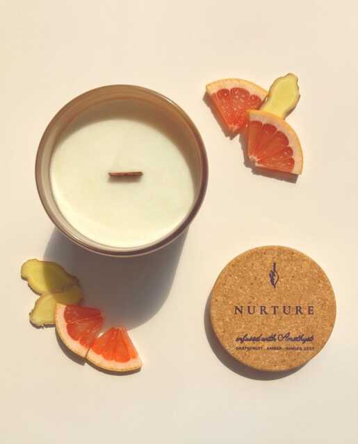 Amethyst Soy Candle, Wooden Wick Aromatherapy, Citrus Ginger Turmeric, Woman Owned Nurture - image 1