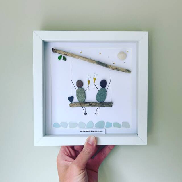 Pebble Couple Celebration Picture - Framed Wall Art Handmade in Cornwall - image 1