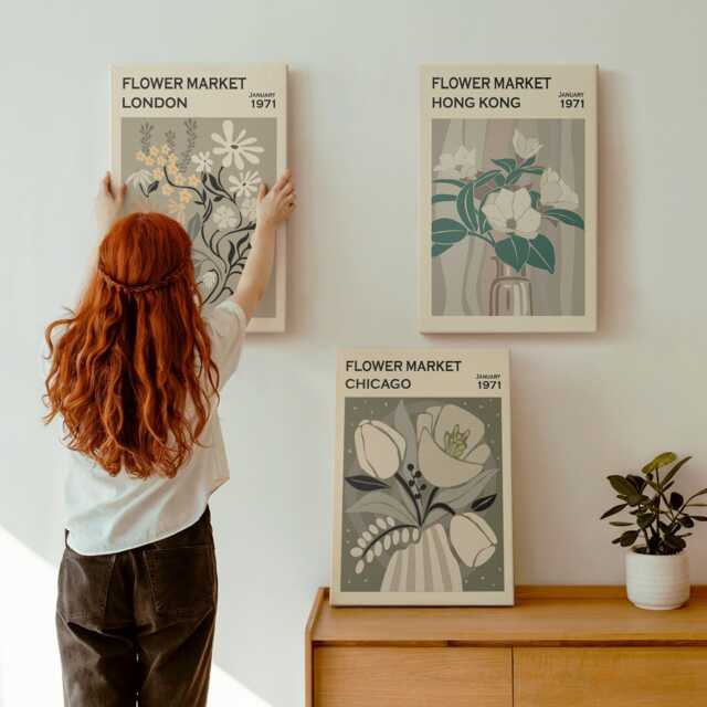 Canvas Art Set Of 3 - Flower Markets in London, Chicago & Hong Kong, Green Wall Print, Plants Flowers Decor - image 1