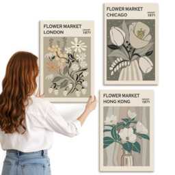 Canvas Art Set Of 3 - Flower Markets in London, Chicago & Hong Kong, Green Wall Print, Plants Flowers Decor - thumbnail 3