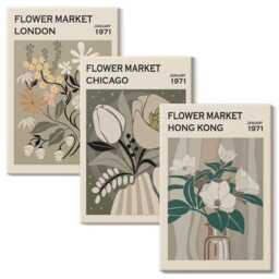 Canvas Art Set Of 3 - Flower Markets in London, Chicago & Hong Kong, Green Wall Print, Plants Flowers Decor - thumbnail 2