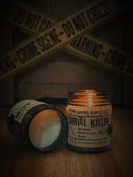 Serial Killer True Crime Candle - Bourbon & Clove Dark Gothic Decor Horror Podcast Fan Gift Earthy Woody Scent, 9Oz Amber Jar