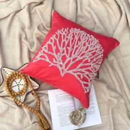 Coral Pink Cotton Linen Beaded Decorative, Beach Style Throw Pillow Cover - White Forest - thumbnail 3