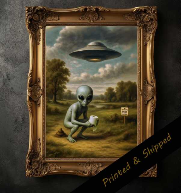 Funny Alien Ufo Print, Victorian Landscape, Surreal Art - image 1