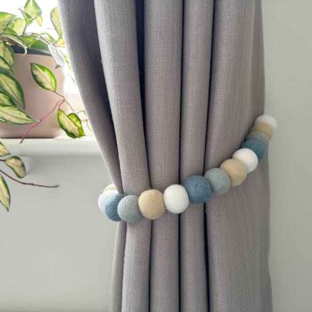 Neutral Blue Grey Felt Ball Curtain Tie Backs - Pom Hold Custom Nursery Decor Baby Gift Colourful Pull - image 1
