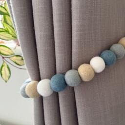 Neutral Blue Grey Felt Ball Curtain Tie Backs - Pom Hold Custom Nursery Decor Baby Gift Colourful Pull - thumbnail 2
