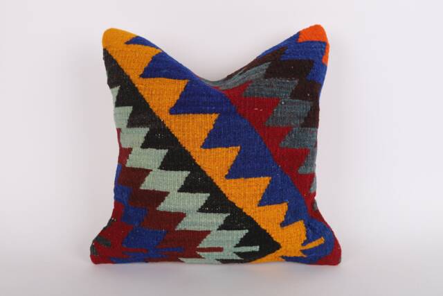 Colorful Geometric Kilim Pillow 16x16 Handwoven Turkish Cushion Cover - image 1