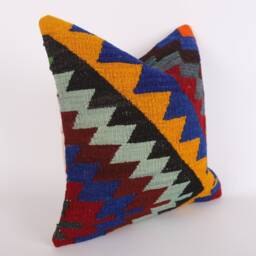 Colorful Geometric Kilim Pillow 16x16 Handwoven Turkish Cushion Cover - thumbnail 3