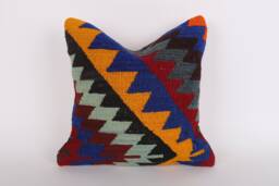 Colorful Geometric Kilim Pillow 16x16 Handwoven Turkish Cushion Cover - thumbnail 1