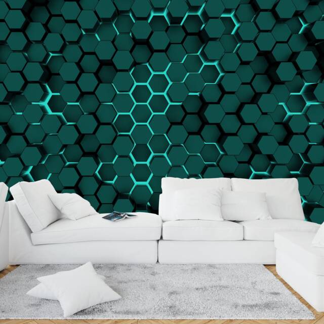 Cyan Lights Hexagon Photomural, Teal Wall Decal, Peel & Stick Wallpaper - image 1