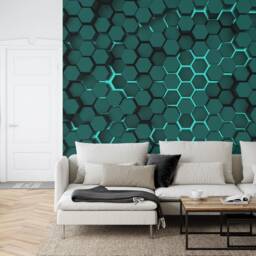 Cyan Lights Hexagon Photomural, Teal Wall Decal, Peel & Stick Wallpaper - thumbnail 2