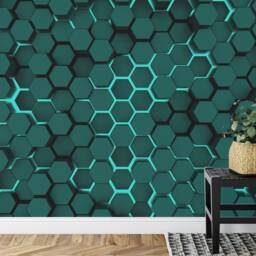 Cyan Lights Hexagon Photomural, Teal Wall Decal, Peel & Stick Wallpaper - thumbnail 3