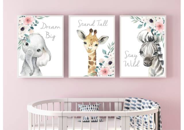 Set Of 3 Safari Floral Animals, Nursery Prints, Decor, Girls Nursery, Woodland Prints - image 1